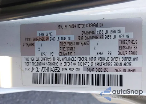 2017 Mazda Mazda6 Touring from USA, damaged, VIN JM1GL1V50H1145352